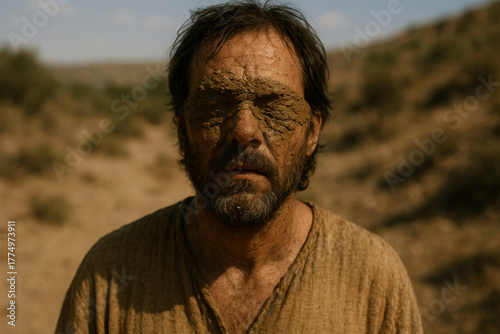 Blind man with mud on his eyes