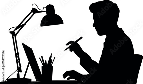 Black silhouette man working at desk laptop
