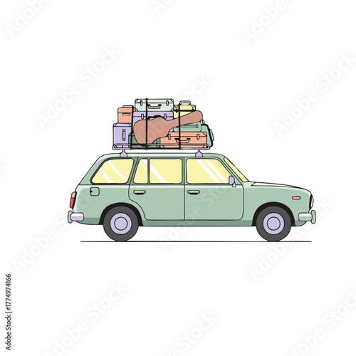 Vintage station wagon loaded with luggage and a guitar on a roof rack, ready for a road trip vacation