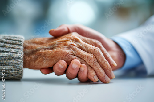A close-up of a younger hand gently holding the wrinkled hand of an elderly person, with a doctor's coat visible. It symbolizes compassion, support, healthcare, trust, and empathy.
