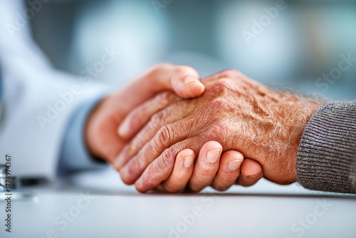 A close-up of a younger hand gently holding the wrinkled hand of an elderly person, with a doctor's coat visible. It symbolizes compassion, support, healthcare, trust, and empathy.
