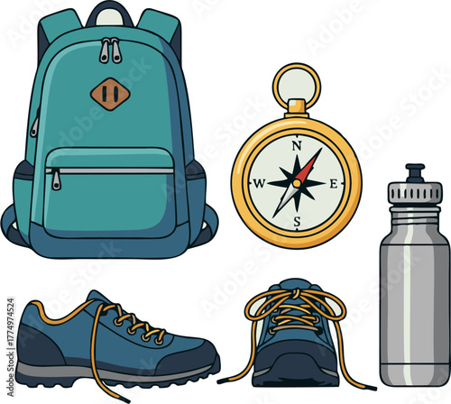 Hiking Essentials Backpack, Compass, Water Bottle, and Shoes – Gear for Outdoor Adventures