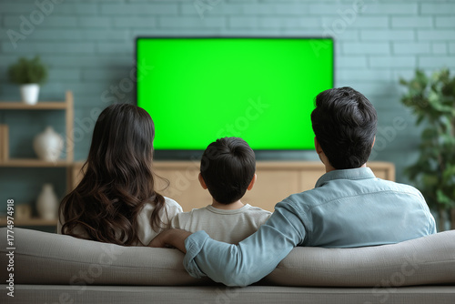 A family of three, seen from behind, watching a TV with a green screen in a cozy, bright, plant-filled living room. Symbolizes domestic life, relaxation, media consumption, and the blank slate of digi