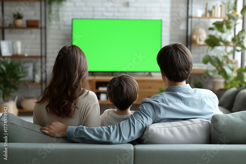 A family of three, seen from behind, watching a TV with a green screen in a cozy, bright, plant-filled living room. Symbolizes domestic life, relaxation, media consumption, and the blank slate of digi
