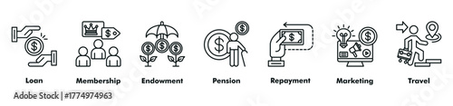 Finance and business icon set vector consist of loan, membership, endowment, pension, repayment, marketing, and travel.