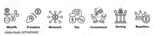 Finance investment icon set vector consist of wealth, freedom, network, tax, investment, saving, and royalties.