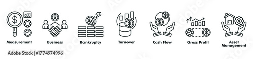 Finance accounting icon set vector consist of measurement, business, bankruptcy, turnover, cash flow, gross profit, and asset management.