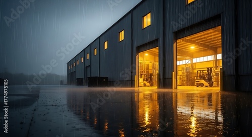 Industrial building with open bay doors on a rainy night