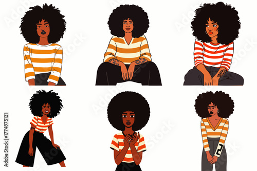 A collection of diverse flat vector illustrations showcases women with natural afro hairstyles, each wearing striped shirts and exuding unique expressions and poses.