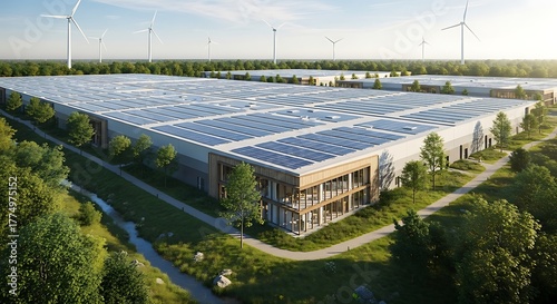 Modern warehouse with extensive rooftop solar panels and wind turbines