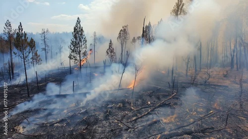 Verbrannter Wald nach Feuer – Rauch und Asche in zerstörter Landschaft