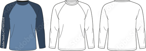 Long sleeve raglan t-shirt front and back view fashion flat sketch, vector template for apparel design, casual unisex clothing illustration