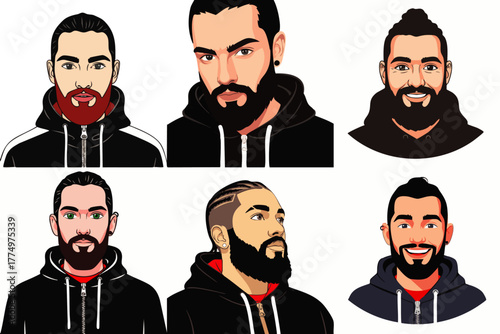 A collection of stylized male portraits showcasing diverse beard styles, each wearing a hoodie, perfect for design needs.