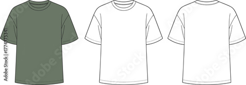 Minimalist oversized t-shirt front and back view fashion flat sketch, blank template for apparel design, casual clothing vector illustration
