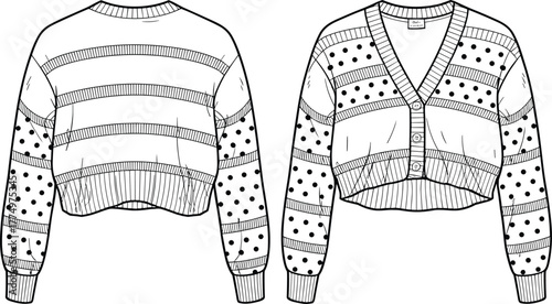 Stylish cropped cardigan front and back view fashion flat sketch, polka dot and stripe knitwear vector template for apparel design