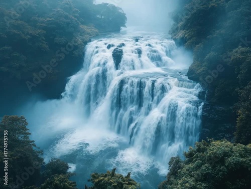 Majestic Waterfall with Lush Forest.
