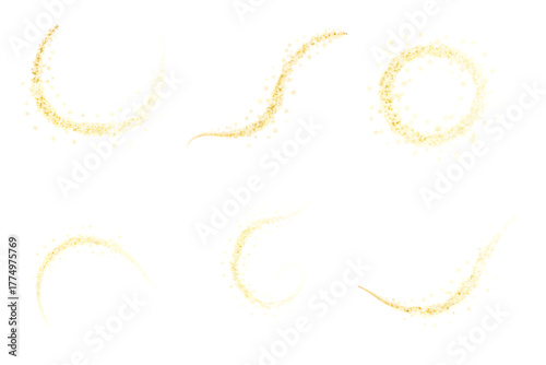 Collection of glowing golden light trails and sparkling dust elements isolated on transparent background