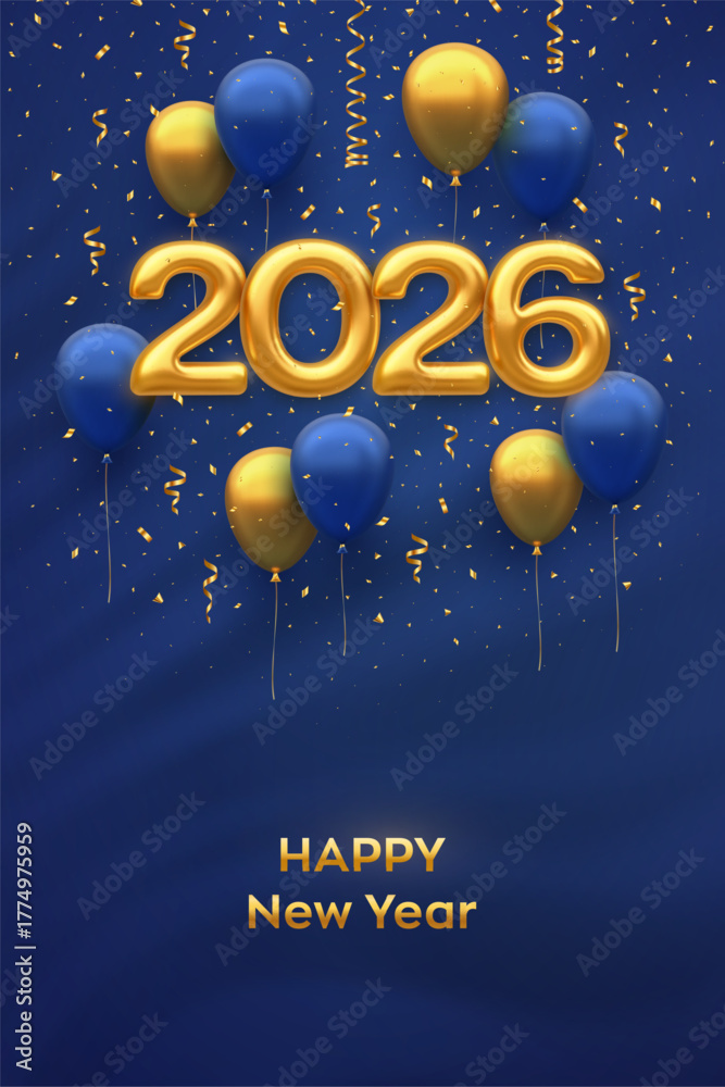 Naklejka premium Happy New Year 2026. Hanging Golden numbers 2026 with 3D festive helium balloons and falling confetti on blue background. New Year, Xmas greeting card, banner template. Vector illustration.
