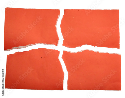 red-orange paper torn into four pieces with rough edges, isolated on a transparent background.
