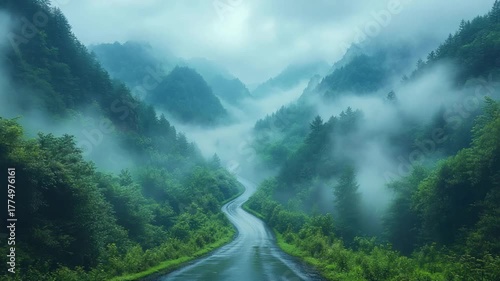 Misty Mountain Road with Winding Path.
