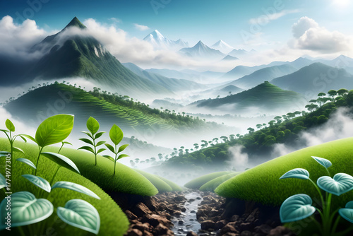 Lush green valley stream, misty mountains, young plants, rolling hills, serene sky, carbon cycle joy with molecular detail