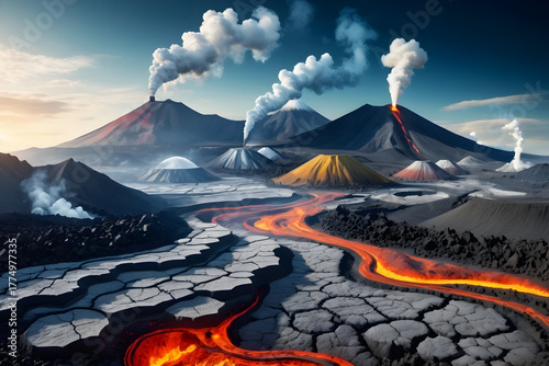 Volcanic landscape with lava flow, cracked earth, smoke plume, ash cloud, fiery glow, rugged terrain, carbon cycle with molecular awe