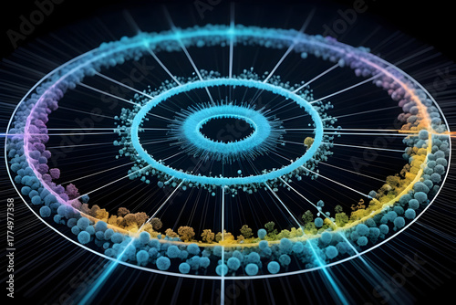 Carbon cycle molecular diagram glow, circular network ring, neon gradient, data art, science concept, ecosystem balance, abstract sphere harmony