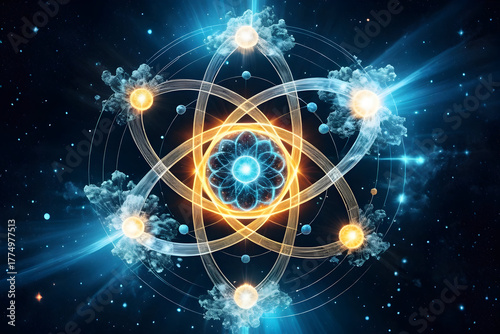 Atomic structure glow energy, particle orbit fusion, carbon cycle molecular harmony in space, science art vision with cosmic wonder