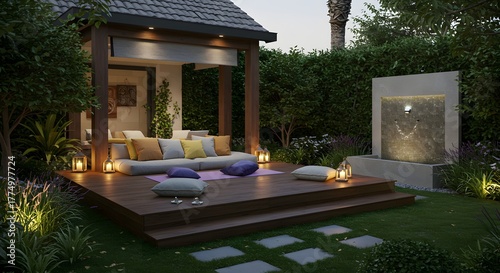 Tranquil Outdoor Lounge with Waterfall and Meditation Area at Dusk