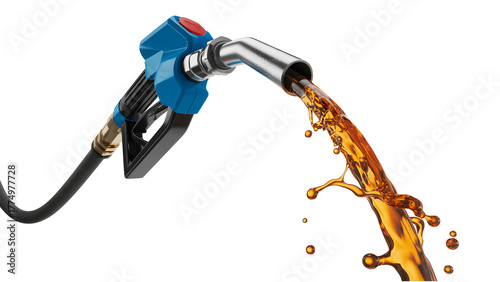 Fuel nozzle pouring gasoline isolated on transparent background