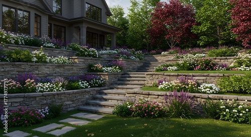 Luxurious Modern House with Tiered Stone Garden and Vibrant Flowers