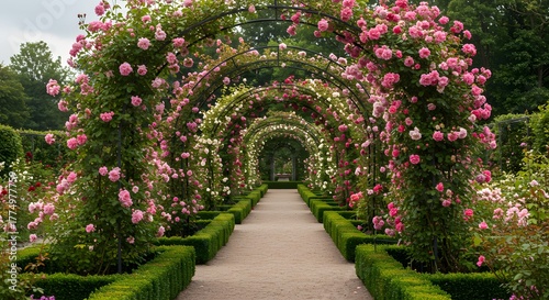 Enchanting Rose Garden Archway with Pink Blossoms and Manicured Hedges