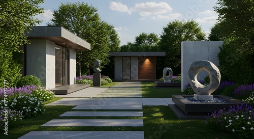 Modern Luxury Garden with Sculptures and Water Features