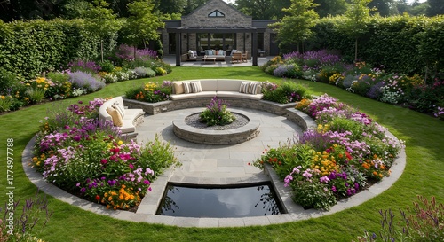 Luxury Backyard Oasis with Fire Pit and Pond, Surrounded by Vibrant Flowers and Lush Greenery