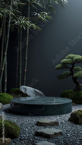 Serene Zen garden podium with bamboo and bonsai tree for product display or meditation scene