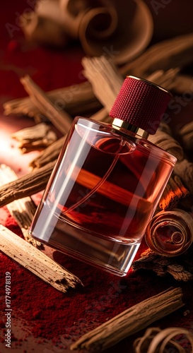 Elegant perfume bottle with rich fragrance and natural wood accents, perfect for luxury branding and beauty campaigns