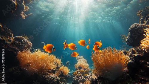 Sunlit Coral Reef Fish Swarm.