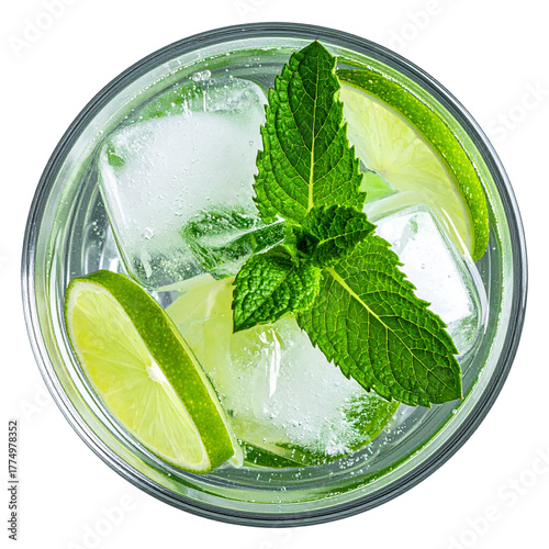 Gin tonic mojito cocktail with mint in a glass top view isolated on white and transparent, background