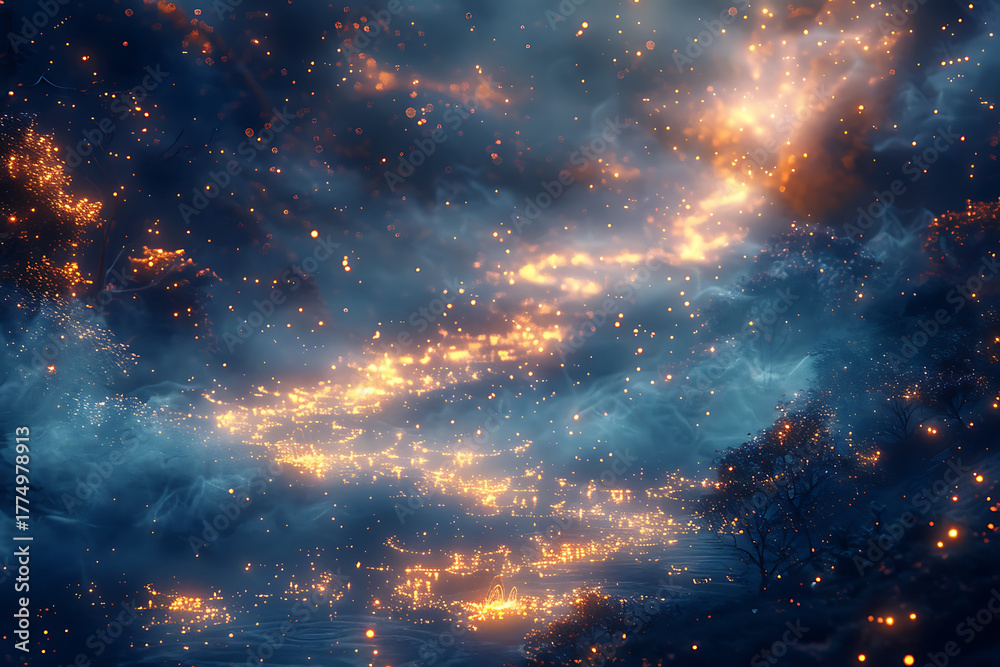 Fototapeta premium 幻想的な光が舞う夜の森の小径と発光する霧の神秘的な風景