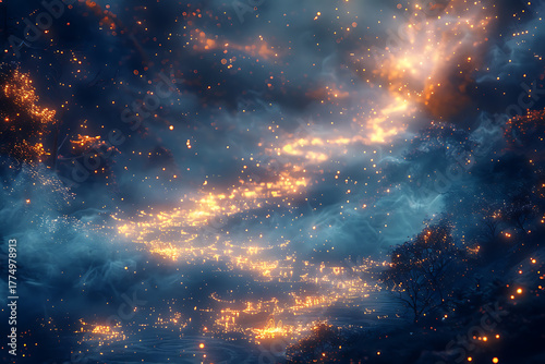 幻想的な光が舞う夜の森の小径と発光する霧の神秘的な風景