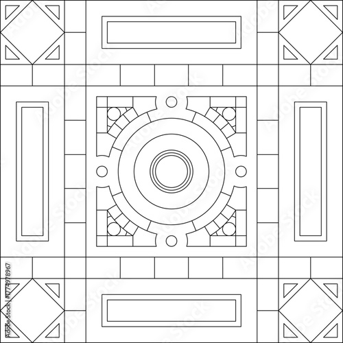 Complex geometric architectural vector motif. Intricate line art pattern for ceiling, flooring, or ornamental design.