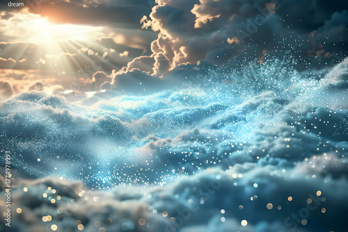 青い光が輝く幻想的な海と雲、夢の中のような風景構成