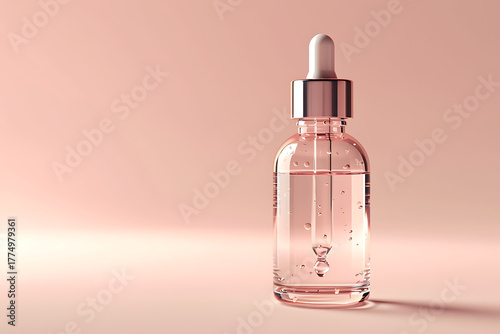 ベージュ背景に立つ透明な美容液スポイトボトルのクリーンデザイン