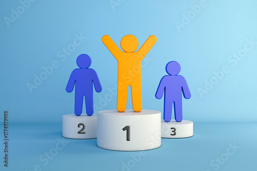 3D Illustration of podium with figures symbolizing leadership, success, and teamwork.