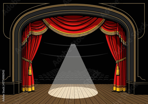 Dramatic Stage with Red Curtains and Spotlight