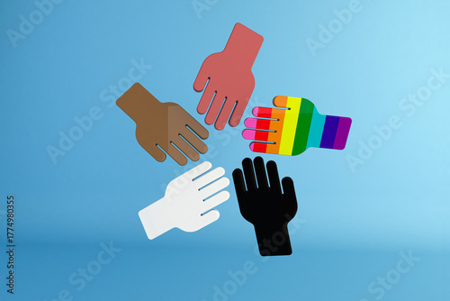 3D Illustration of diverse hands symbolizing inclusion, unity, equality, and teamwork.