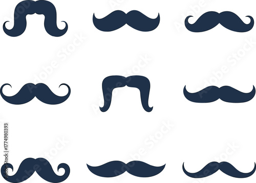 Vintage mustache silhouette set, retro facial hair vector collection, classic grooming styles for barbershop, hipster design elements, black icon pack