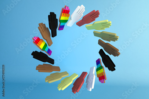 3D Illustration of diverse hands forming a circle symbolizing unity, inclusion, and equality.