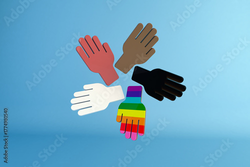 3D Illustration of diverse hands symbolizing inclusion, unity, equality, and teamwork.