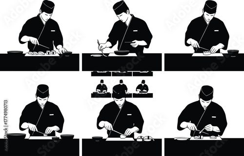 Sushi Chef Preparing Japanese Cuisine – Mixing, Slicing, Assembling, Teamwork – Culinary Vector Illustration for Food Craft, Kitchen Skills, and Culture